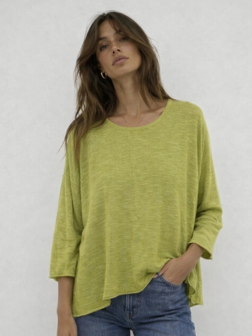Eskandar Woven Linen Blend Green Boxy Wide Sleeve Rolled Hem Top Sweater OS